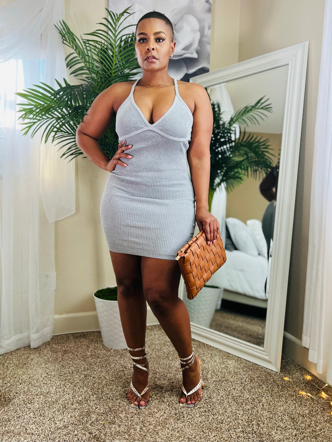 RIBBED GRAY THIN STRAP DRESS